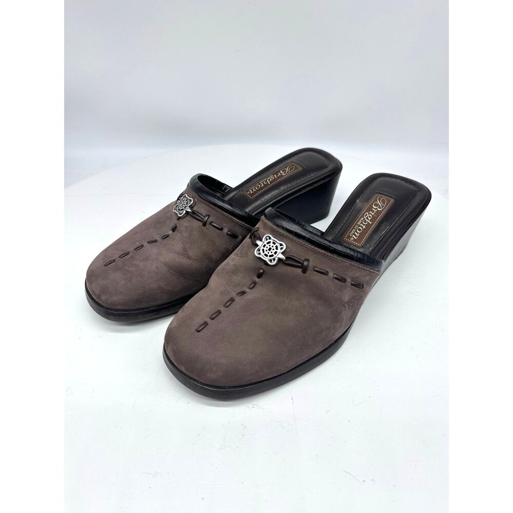 Brighton Isla Brown Suede Slip On Wedge Mule Silver Hardware 6.5